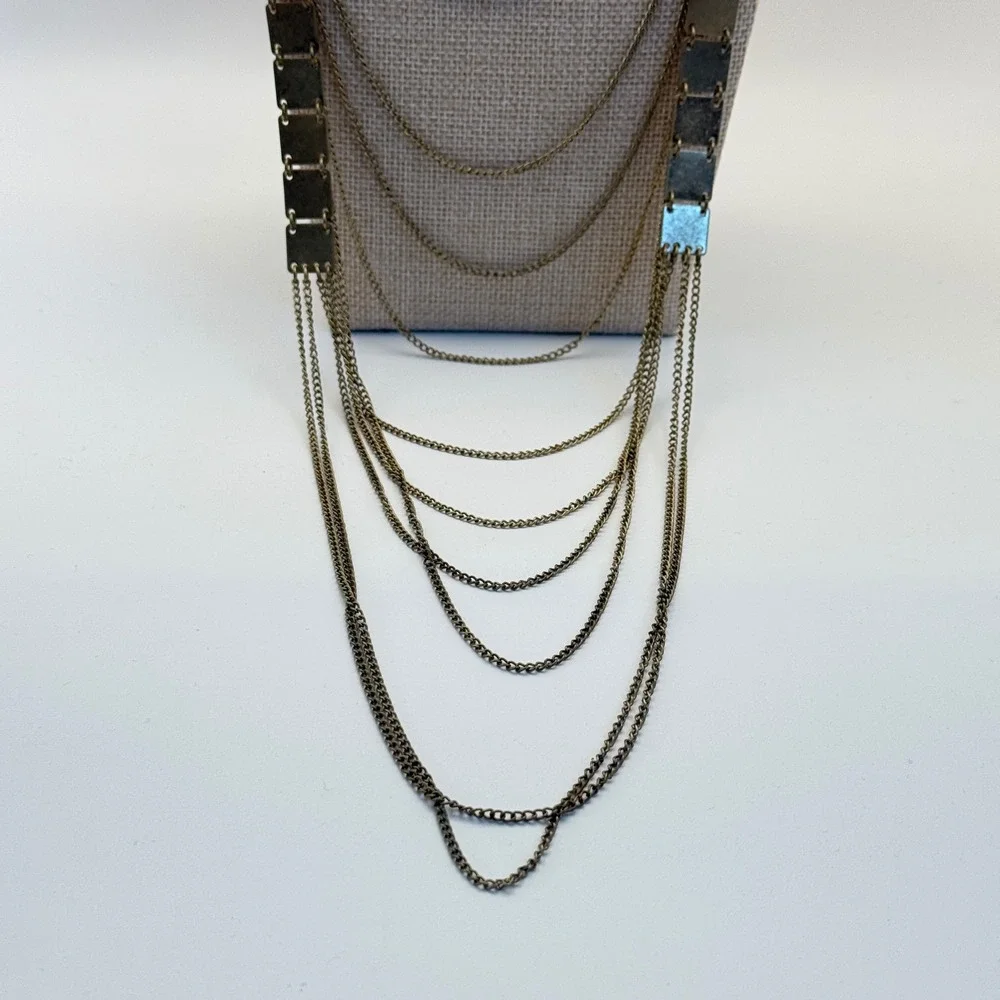 Layered Chain Necklace with Square Pendants Bronze‎ Tone Fashion Jewelry
